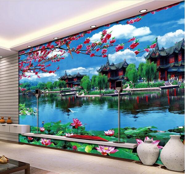 

3d wallpaper custom photo Chinese garden lake lotus scenery flower tv background wall living room 3d wall muals wall paper for walls 3 d, Pictures show
