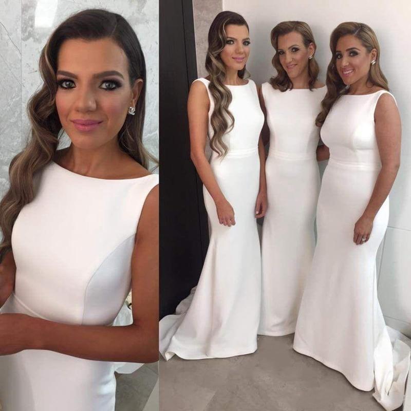 

White Bridesmaid Dresses 2018 Cheap Arabic Boat Neck Sleeveless Mermaid Sweep Train Custom Plus Size Maid of Honor Dress Wedding Guest Gowns