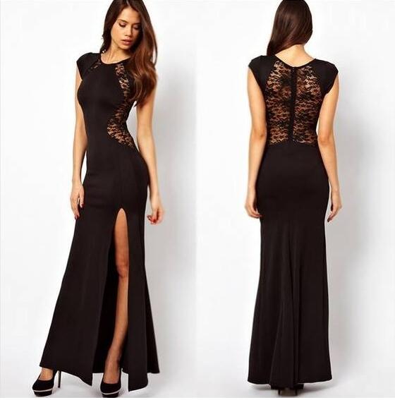 

Vintage Robes Dress Lace Split Long Dresses Black Lace Dress Ankle-Length Women Open Back Bodycon Dresses