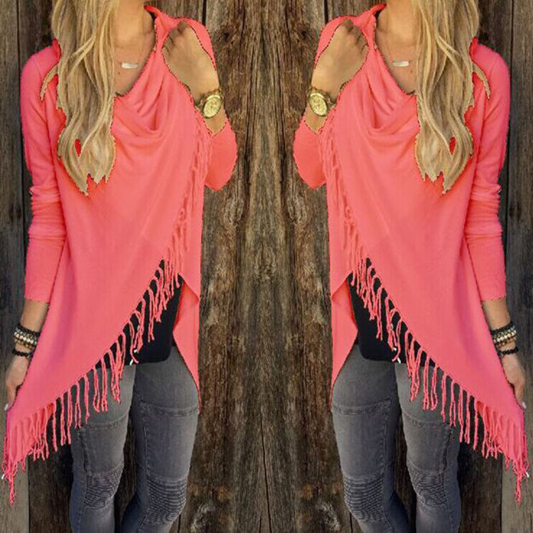 Women T-shirt Autumn Basic Oblique Tassel Clothing Outwear O-neck Solid Casual New Fashion Female Long Shirts