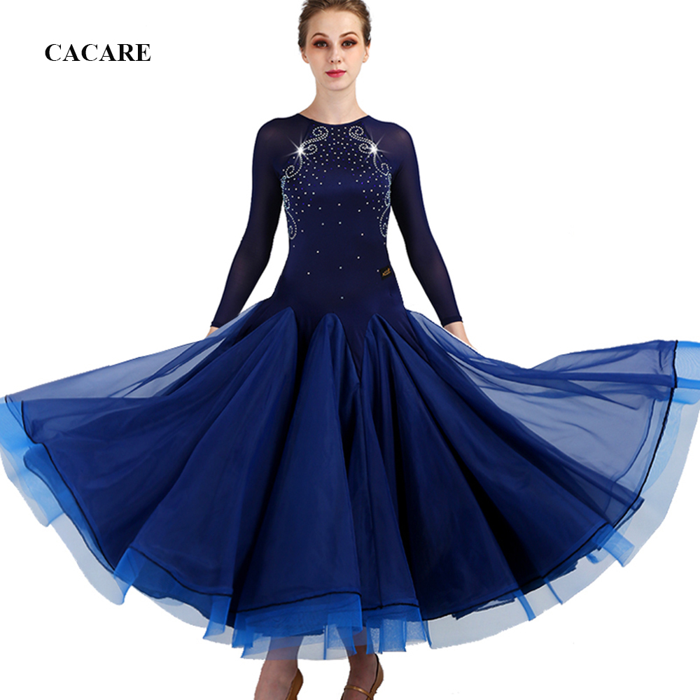 

Ballroom Waltz Dresses Dancing Outfits Ballroom Competition Dress Tango Dance Costumes D0480 Rhinestones Big Sheer Hem, Blue