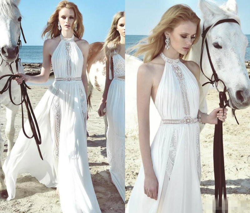 A Line Boho Inbal Raviv Wedding Dresses Halter Chiffon Applique Illusion Elegant Bohemian Bridal Dress Cheap Wedding Gowns Plus Size