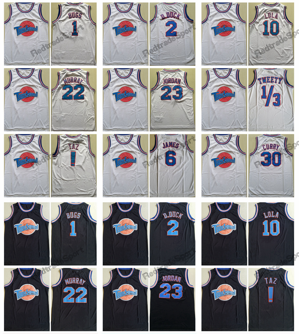 

Mens Tune Squad Looney Space Jam Basketball Jerseys 22 Murray 1 Bugs ! TAZ 10 Lola 2 D.DUCK 23 Michael 1/3 Tweety 6 James 30 Curry White Stitched Shirts S-XXL, Black 22