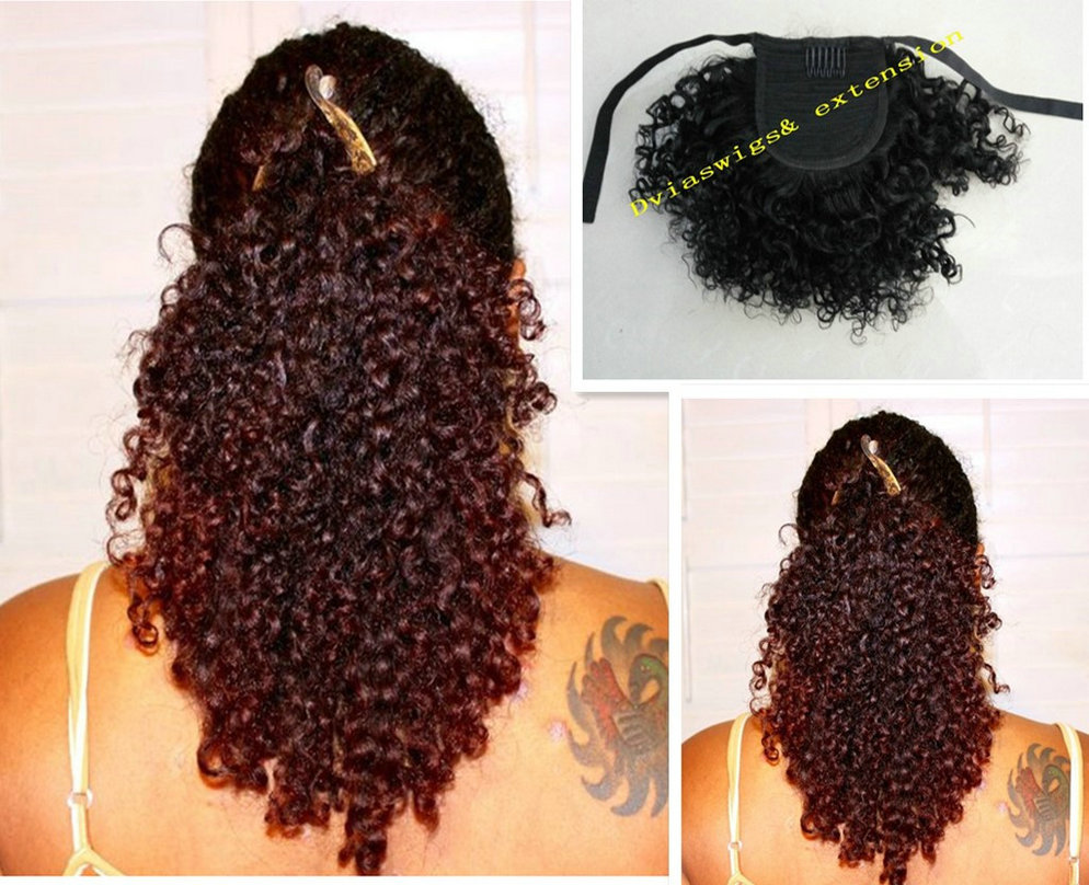 

Wrap around ribbon natural brown super curly ponytail hairpieces for black women, curly brazilian virgin hair Drawstring ponytail extensions