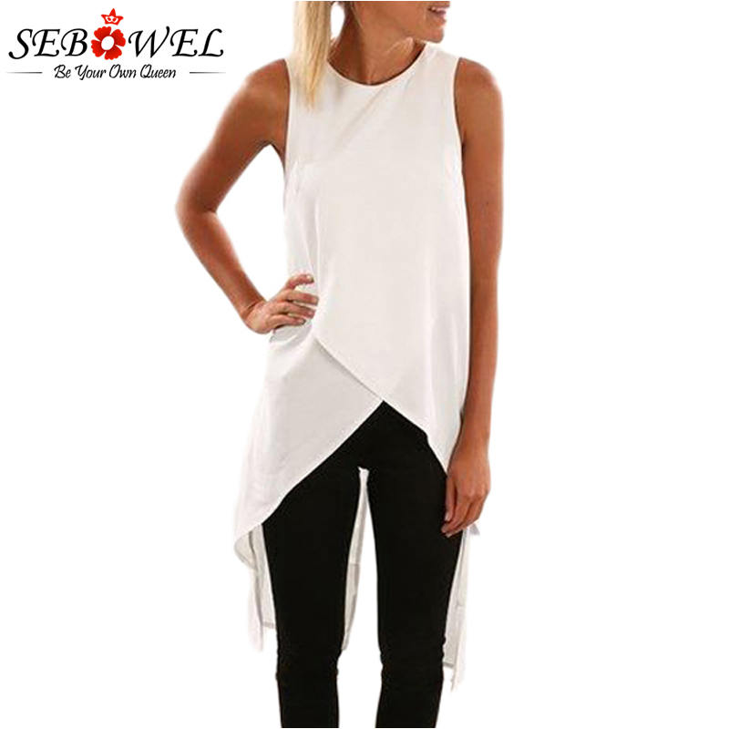 Sebowel 2018 Womens Tops And Blouses Summer Casual Blouse Top White Sleeveless Wrap Style Tunic Long Tank Black Blouses Women