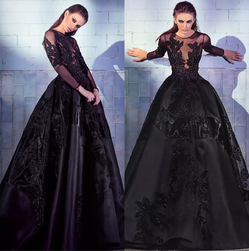 

Chic Black Beaded Evening Dresses With Long Sleeves Sheer Jewel Neck Sequined Prom Gowns A Line Appliqued Satin Plus Size Formal Dress, Yellow