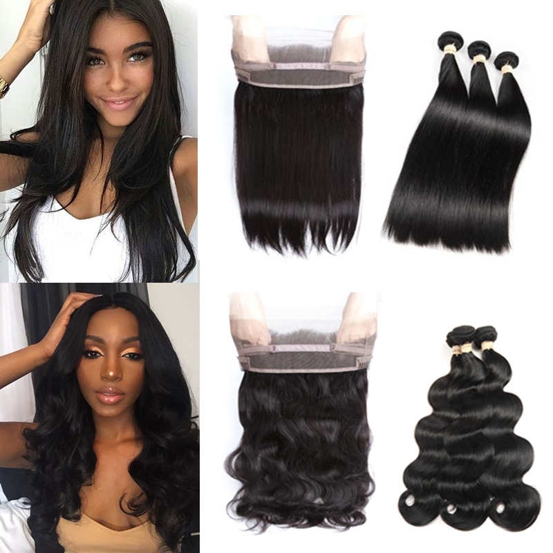 

Brazilian Virgn Human Hair Bundles with Closure Pre Plucked 360 Lace Frontal with Baby Hair Straight & Body Wave Brazilian Virgin Hair Wefts