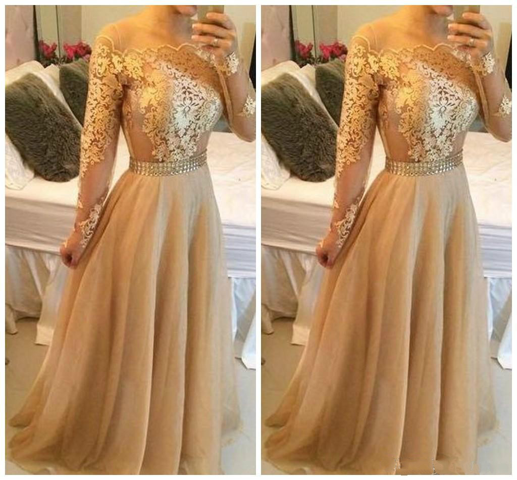 

Elegant Gold Applique Illusion Long Sleeves Evening Dresses Organza Floor Length Crystal Sash Prom Dress A Line Formal Party Gowns, Light yellow