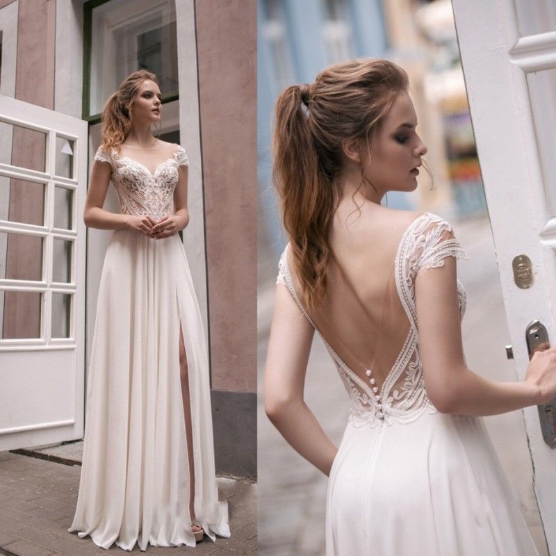 

Modest Designer Scoop Top Illusion Lace Cheap Wedding Dresses Floor Length Chiffon Front Slit Summer Beach Berta Bridal Gown Backless Sleeve, Silver