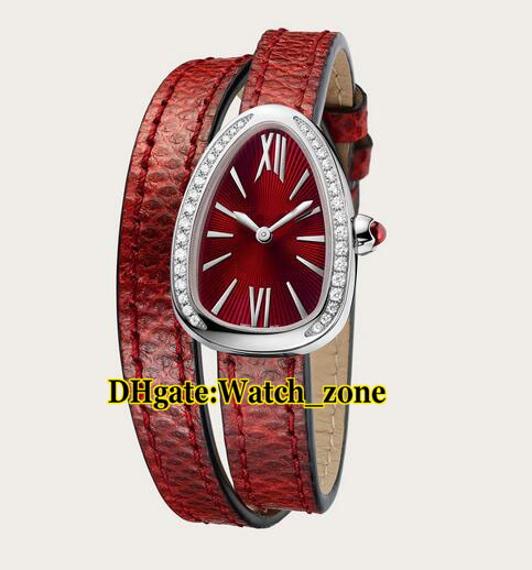 

27mm Serpenti 102780 Red Dial Swiss Quartz Women's Watch Siver Case Diamond Bezel Red Leather Strap High Quality Lady Watches, Slivery;brown