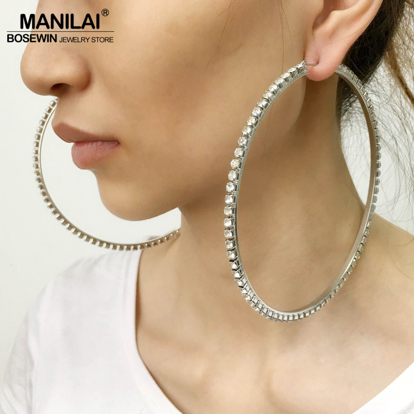 

whole saleMANILAI 100mm Diameter Big Crystal Hoop Earrings Statement Jewelry Rhinestones Earrings For Women Wedding Brincos 2017