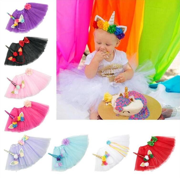 

9 Color Girls INS Unicorn TUTU skirt +hair accessory sets 2018 New summer lace Bow flower decoration short skirt kids dress 1~6years, 1lot=1set=2pcs