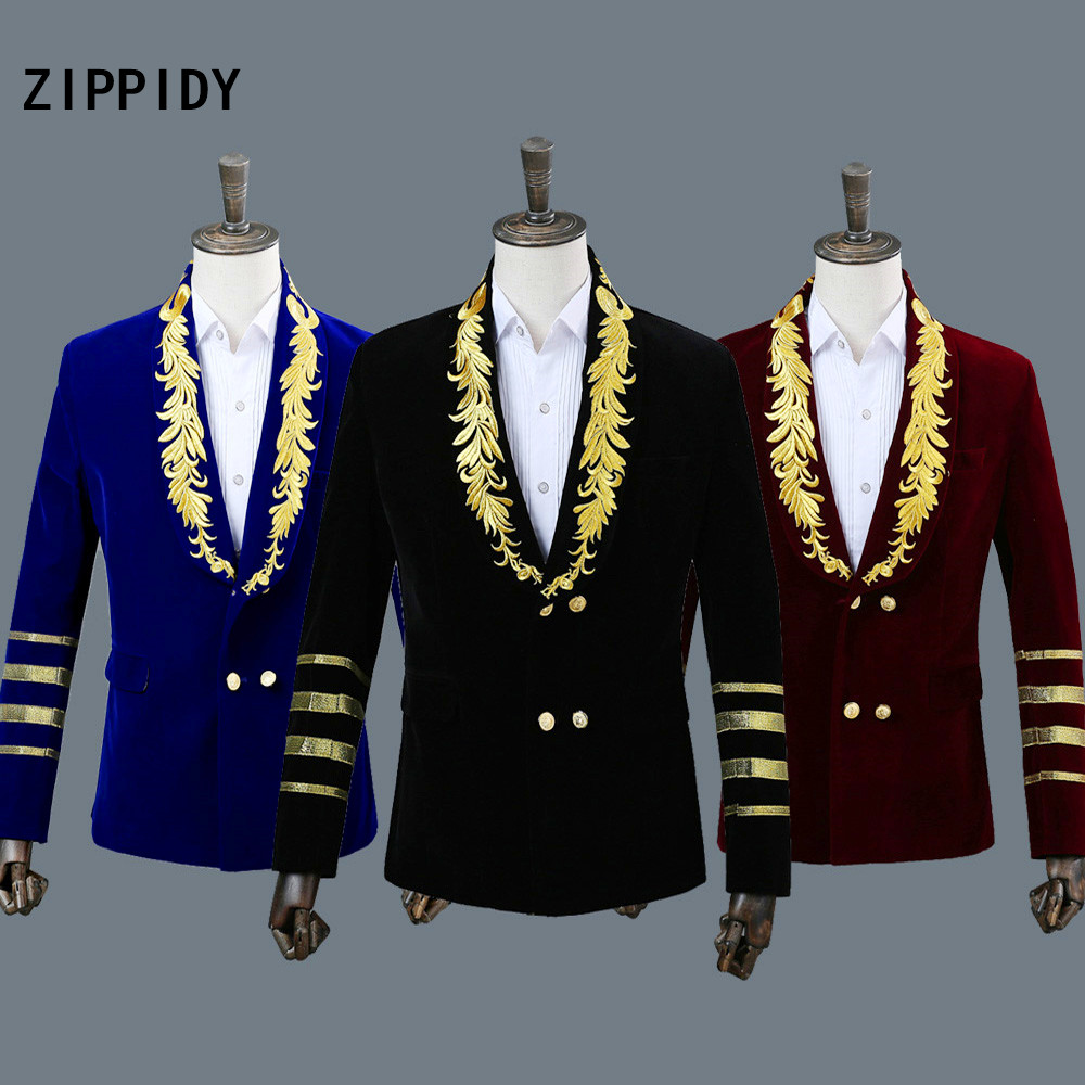

Fashion Gold Embroidered Velveteen Men Youth Jacket Blazer Bar Ds Dj Male Singer Nightclub Prom Dancer Stage Show Coat Costume, Black jacket