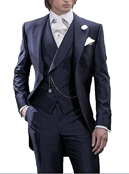 

Morning Style Navy Blue Tailcoat Groom Tuxedos Handsome Men Wedding Wear High Quality Men Formal Prom Party Suit(Jacket+Pants+Tie+Vest) 986, Same as image