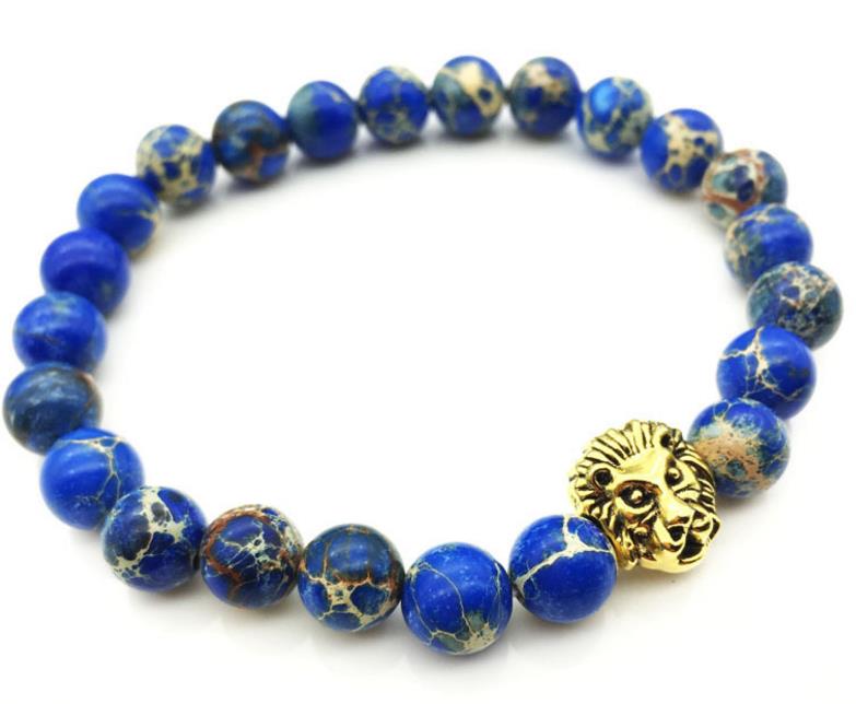 

2018 new unisex volcano bracelet bead Hot Sale Retail Men's Bracelets 8mm Stone Beads Gold Silver Plated Lion Head Braiding Bracelets