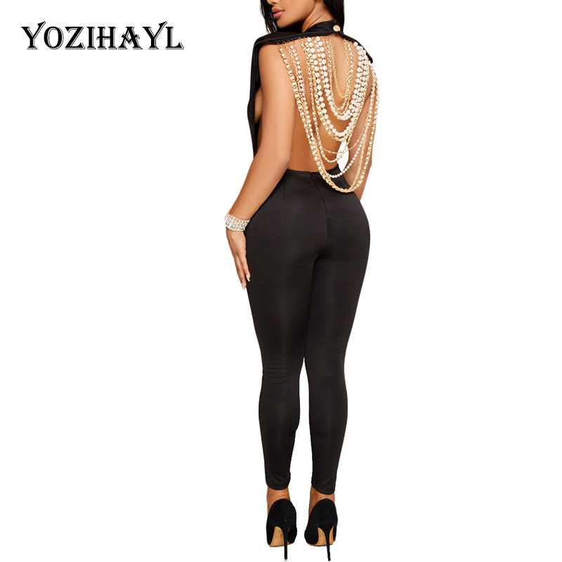 

Women's Jumpsuits & Rompers Yozihayl Sexy Backless Club Party Jumpsuit Women Pearl Beading Embellished Sleeveless Open Back Bodycon Bling, Blue