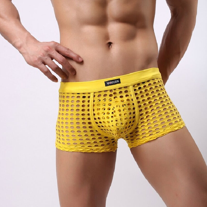 

underwear men Fashion boxers shorts Man cute mesh boxer Boy's sexy panties gay male short mens under wear fishnet, Yellow