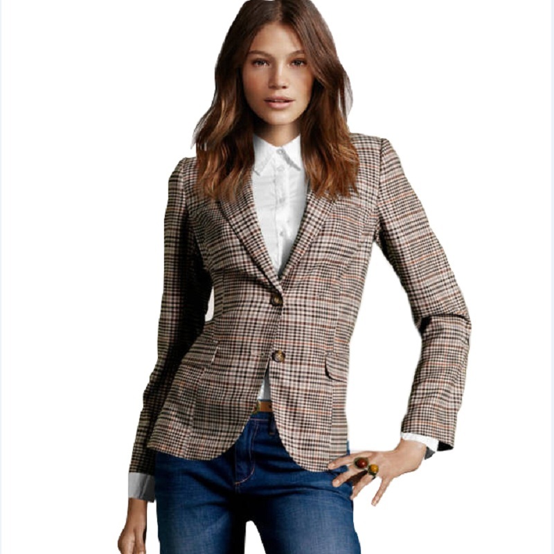 2015 New Fashion Women's Plaid Elbow Patches Slim Blazer Ladies Autumn Suits Basic Jacket Casual Blazer Feminino A360 L18101302