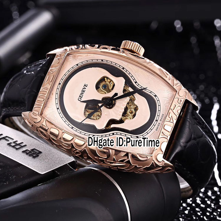 

New Croco 8880 Crazy Hours Rose Gold Tattoo Carving Skull Skeleton Dial Automatic Mens Watch Black Leather Strap Sports Watches Cheap 129a1, Fm-b129-a (7)