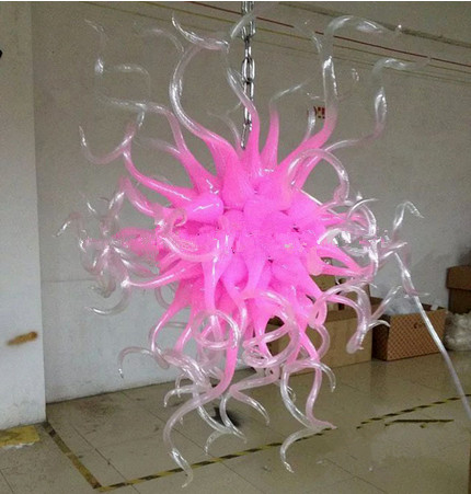 

Lamps Fancy Pink Shade Color Mouth Blown Glass Crystal Chandeliers with LED lights Long Chain Chandelier Light Fixtures
