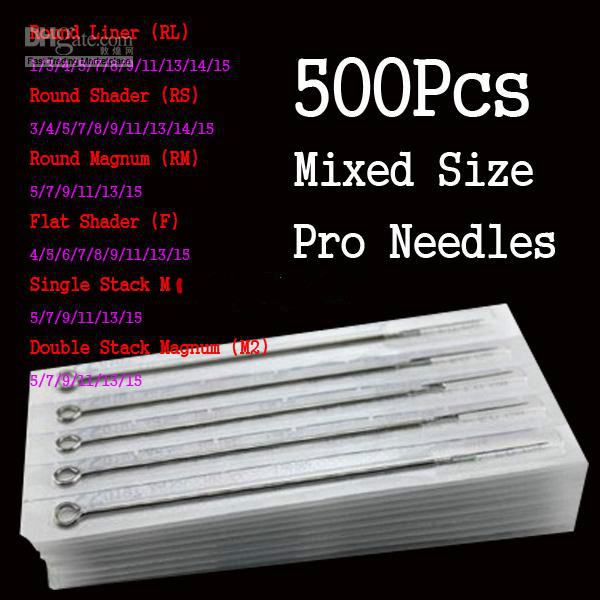 En gros 500 Pcs / lot Assortiment Aiguilles De Tatouage Jetables Stériles Taille Mixte Pour Tatouage Encre Tasses Astuce Kits Meilleur Prix livra