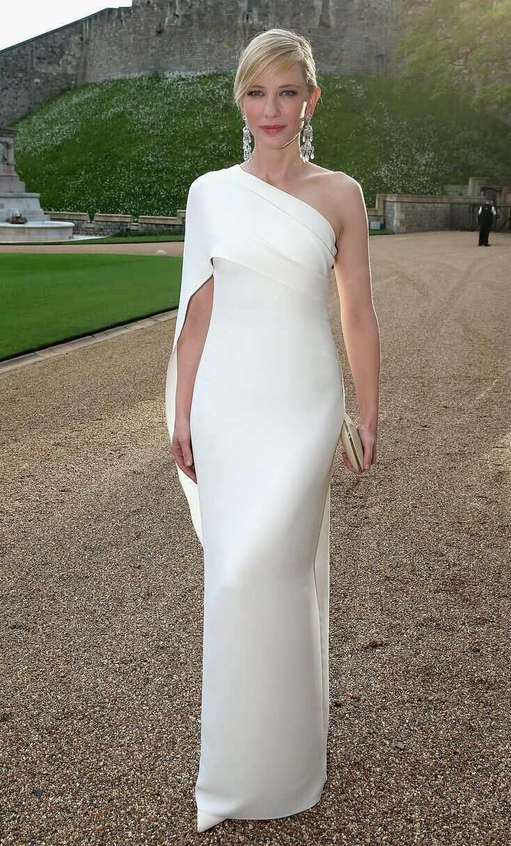 2019 Simple One Shoulder Prom Dress With Short Sleeves Sheath Satin Floor Length White Ivory Celebrity Prom Dress Formal Gowns Fast Shipping