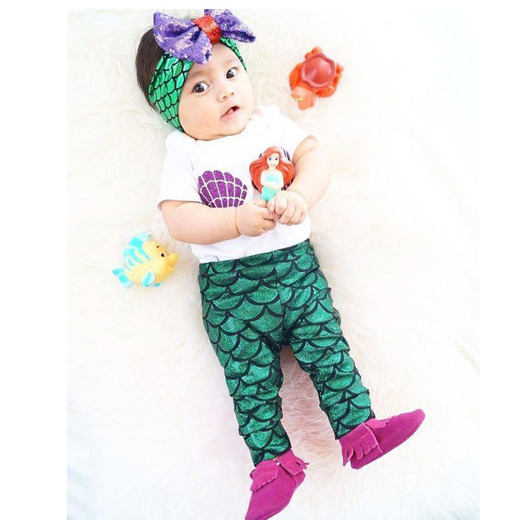 

Girls Mermaid Clothing Set new fashion baby Shell Tops T-shirt + Mermaid Leggings Pants + bow Headband Outfits, As pic