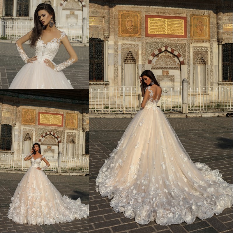 

2020 Gorgeous Designer Champagne Wedding Dresses with White 3D Flowers Illusion Sheer Long Sleeves Court Train Arabic Bridal Gowns