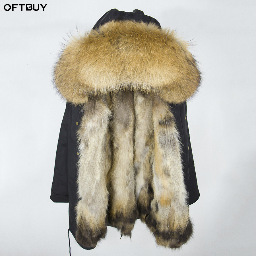 

OFTBUY 2018 Real Fur Coat Winter Jacket Women Long Parka Big Natural Raccoon Fur Collar Hood Thick Warm Real Fox Fur Liner Brand, Beige