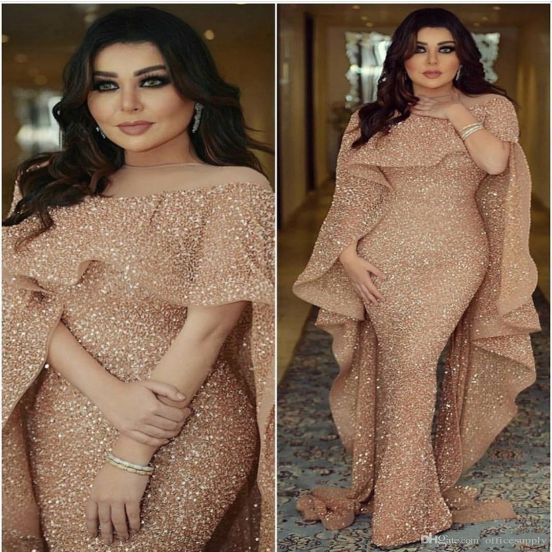

2020 Bling Mermaid Evening Gowns with Long Cape Glitter Glued Lace Illusion Arabic Middle East Custom Made Plus Size Trumpet Prom Dress, Pink