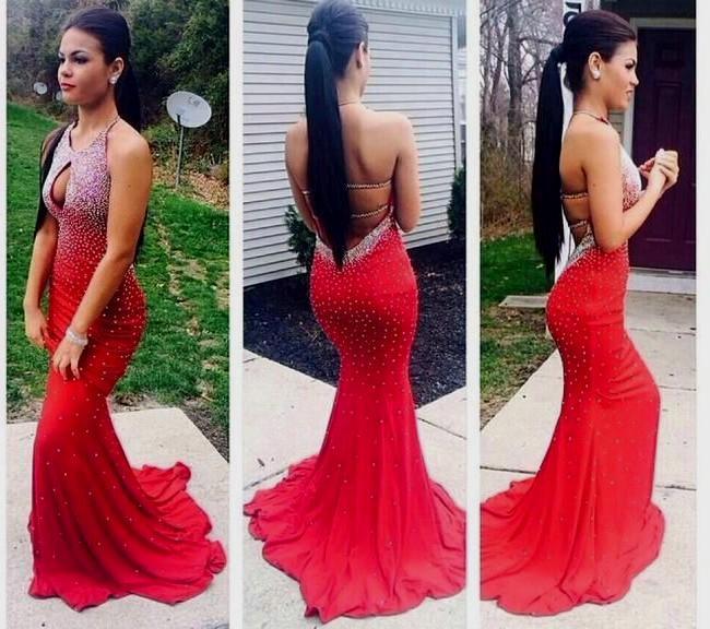 

Popular Red Sexy Backless Mermaid Evening Dresses Prom Dress Luxury Crystal Beaded Prom Party Dreses Sexy New Evening Gowns, Pic color