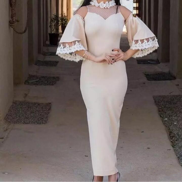 

Beige High Neck Lace Prom Dresses Long 2018 Poet Half Long Sleeves Sheath Ankle Length Evening Gowns Party Wear, Lilac