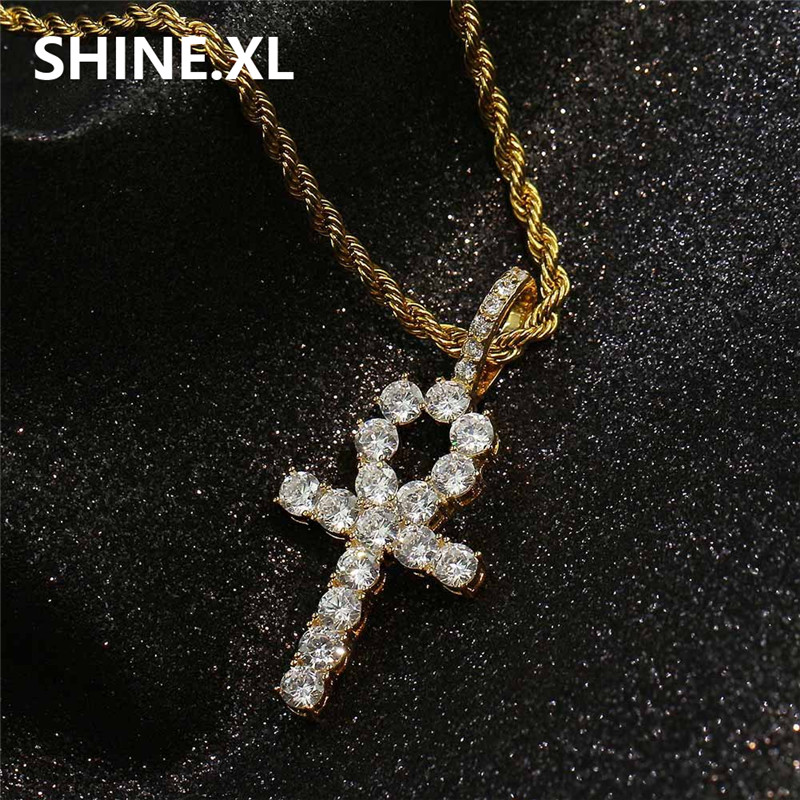 

New Ankh Key Pendant Necklace Hip Hop Iced Out All Zircon Gold Color Cross Chains for Male & Women