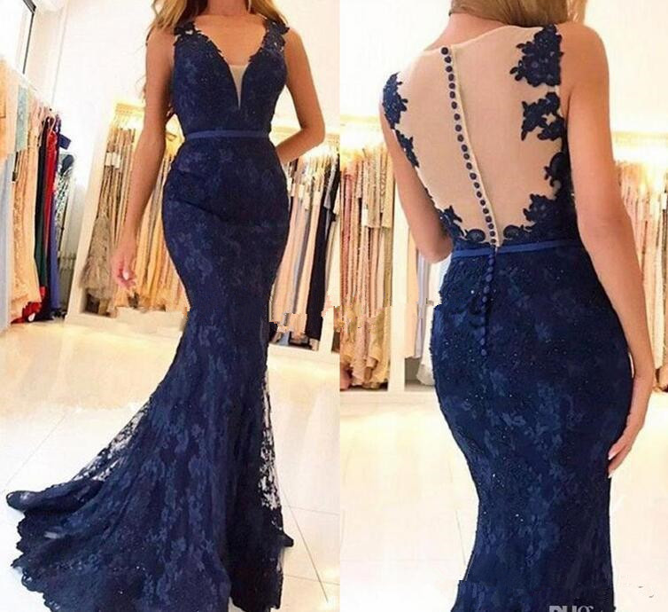 New Elegant 2018 Dark Navy Lace Sirène Robes De Bal Sans Manches Perlée Appliques robe de festa Longue Soirée Pageant Party Robes