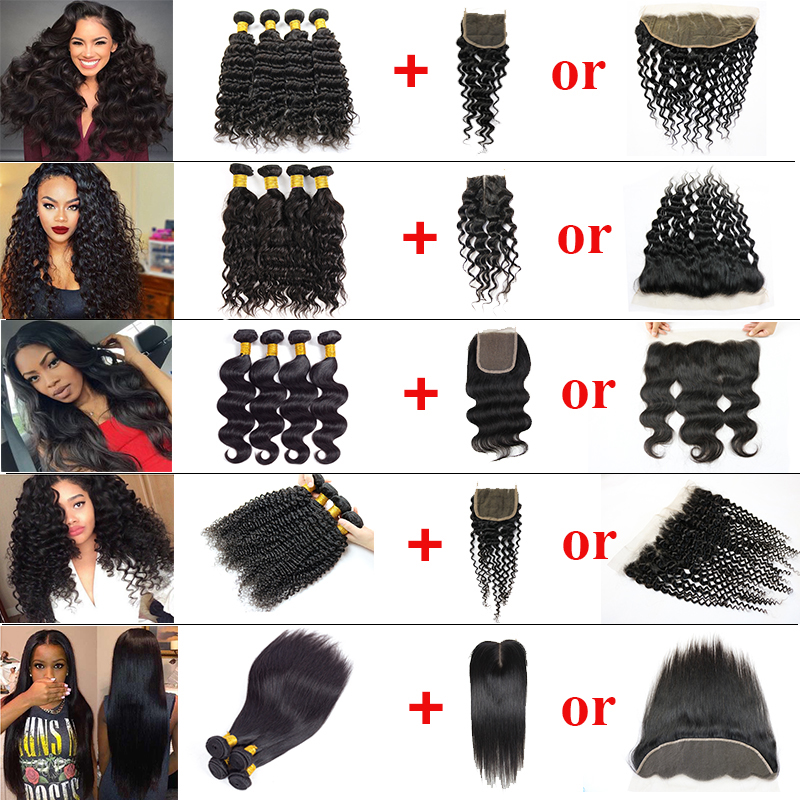 

Brazilian Virgin Hair 4 Bundles with Lace Frontal Closure Straight Human Hair Kinky Curly Body Deep Wave Peruvian Hair Bundles with Closure