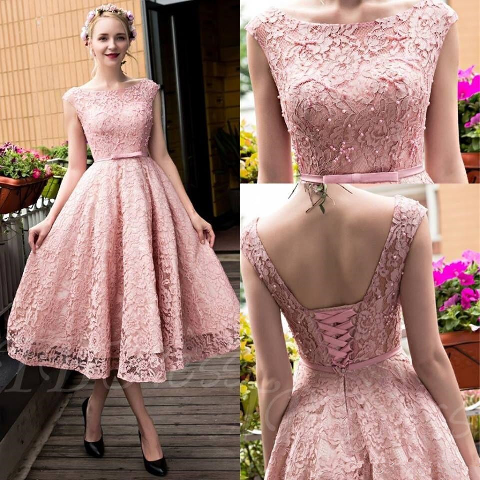 

New Blush Pink Elegant Tea Length Full Lace Prom Dresses Bateau Neck Cap Sleeves Corset Back Pearls A-line Party Gowns with Bow, Light yellow