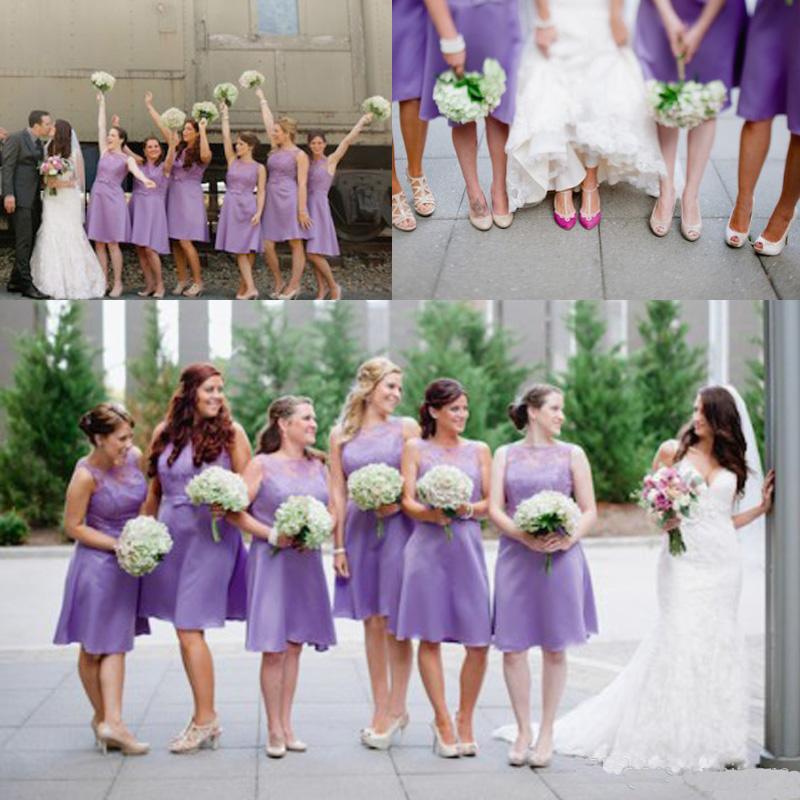 

Lilac Light Purple Lace Short Elegant Maid Of The Honor Party Gowns For Garden Crew Neck Knee Length Plus Size A-Line Bridesmaid Dress