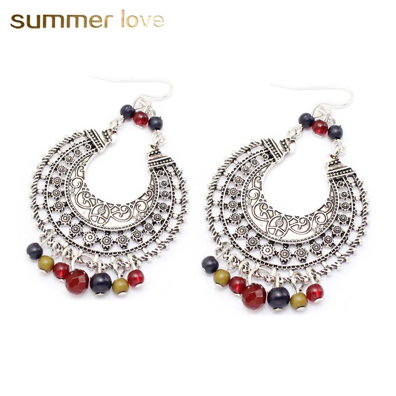 

Big vintage sliver bohemian crescent hook earrings for women handmade delicate beads pendants dangle earring indian jewelry, Silver