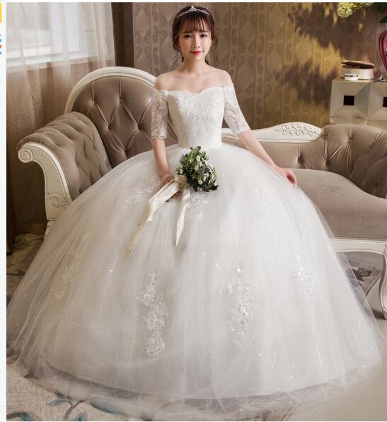 

2 Style Real Photo chep New Fashion Lace Half Sleeve Boat Neck wedding dress 2017 Korean Style Bride Ball Gown vestido de noiva, White