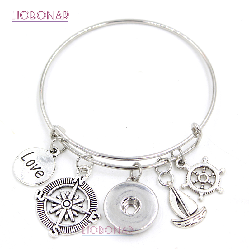 Nouvelle mode bricolage bijoux interchangeables boussole nautique roue de bateau voilier bracelet en fil extensible bricolage Snap bracelets pour