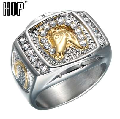 

HIP Hop Micro Pave Rhinestone Iced Out Bling Horse Ring IP Gold Filled Titanium Stainless Steel Rings for Men Jewelry, Golden;silver