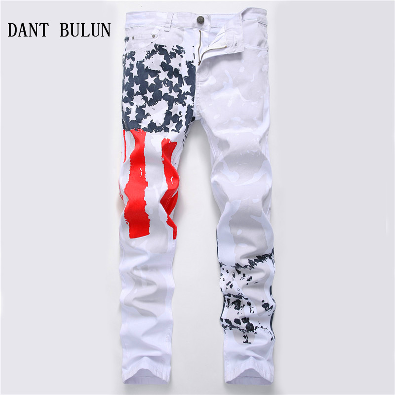 

2018 New Fashion Mens American USA Flag Printed Jeans Straight Slim Fit Plus Size 40 42 Casual White Trousers