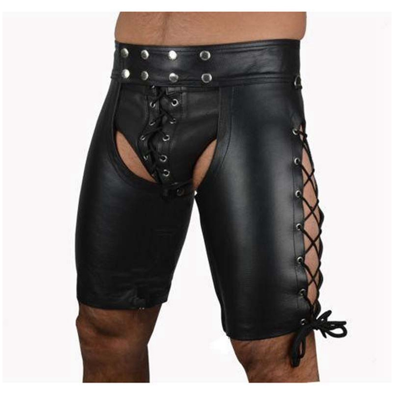 Wild Sexy Male Leather Shorts Open Crotch Design Butt Open Faux Leather Costume for Men Lace Up Pants PVC Underwear Boxer Briefs-image-409183271