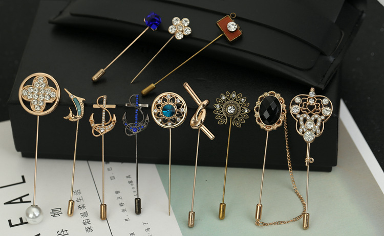 UK Bristish Style Flower Anchor Shape Brooches Pins For Men Suit Crystal Lapel Pin Male Long Pins Party Jewelry Wholesale Drop Shipping-image-421282104