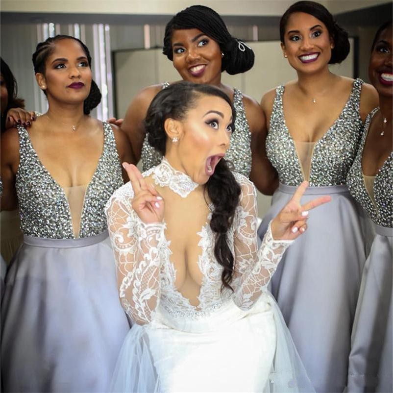 

Bridesmaid Dresses 2018 Sexy Long For Weddings V Neck Illusion Crystal Beading A Line Plus Size Wedding Guest Formal Maid of Honor Gowns