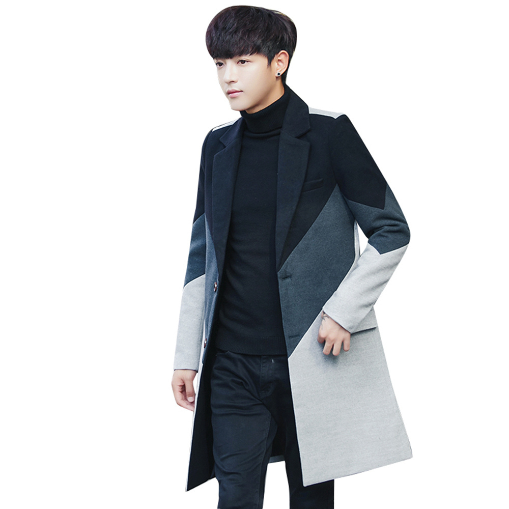 2018 autumn winter british style fashion color-blocked patchwork mens slim fit single breasted thicken woollen&blends long coat Y181101