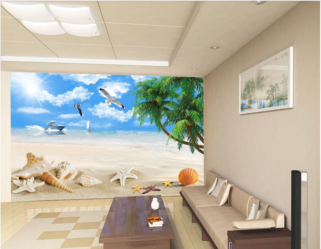 

3d room wallpaper custom photo non-woven mural Seaside coconut palm blue sky white clouds yacht beach shell murals wallpaper for walls 3 d, Sky blue