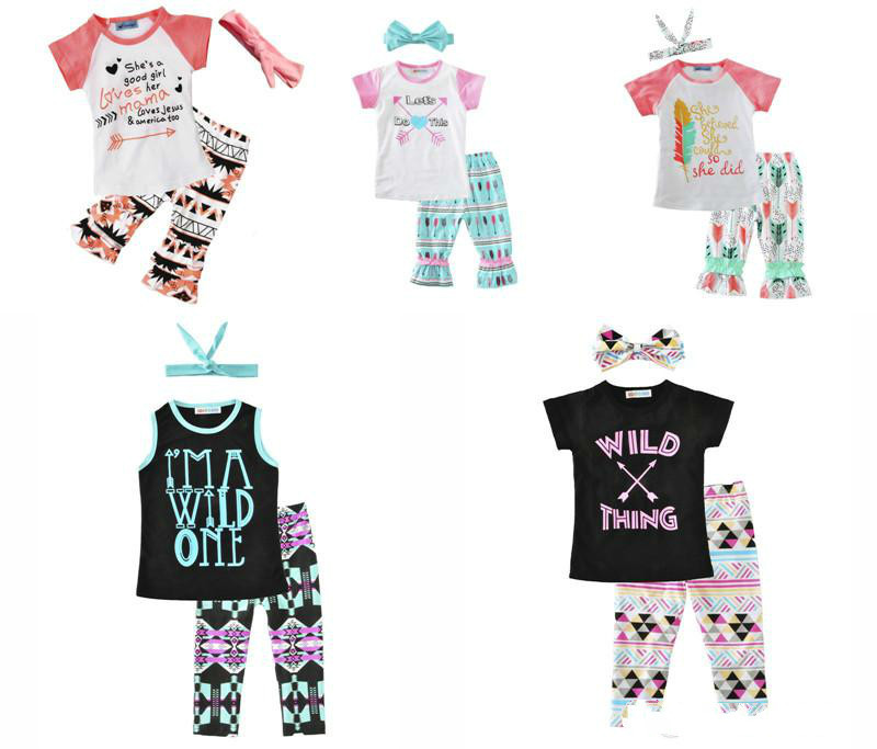 

2018 Best Sell Girls Baby Boy Childrens Clothing Set Letters Tshirts Pants Headbands 3Pcs Set Wholesale Girl Kids Tops Suits Clothes Outfits, B2