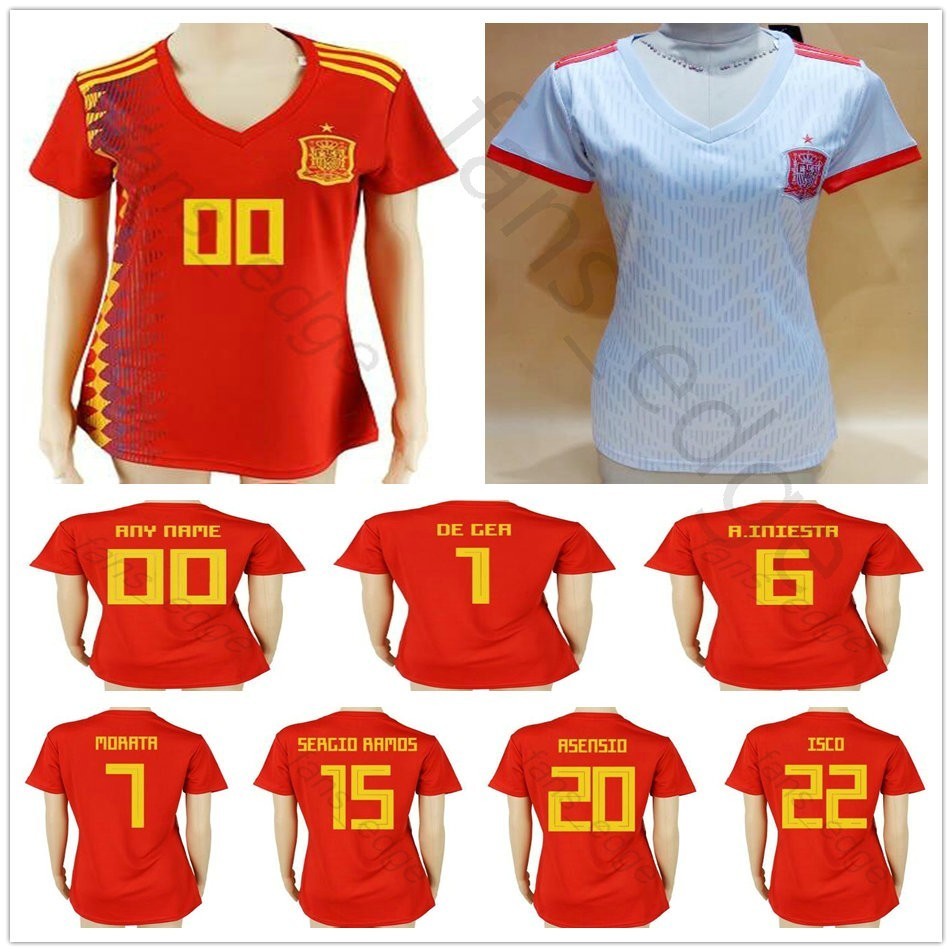 

2018 Women Spain Soccer Jersey INIESTA ASENSIO CALLEJON ISCO SERGIO RAMOS PIQUE MORATA Custom Red Grey Woman Men Kids Youth Football Shirt, Red women
