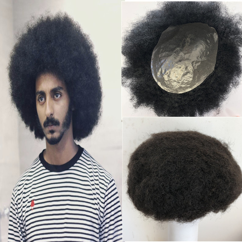 

Afro Toupee for Men Curly Full Pu Mens Toupee 8x10 Black Human Hair Afro Curly Men Wig Replacement Systems Thin Skin Hairpiece, As pic